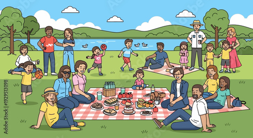 A lively picnic scene with people enjoying food together outdoors in a serene landscape viewed from a slight elevation