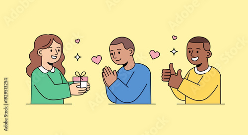 A woman gives a gift to a man, who is surprised and happy, as another man applauds beside them in a joyful illustration.
