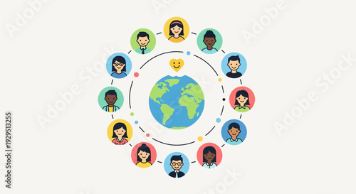 Diverse people connected around the world in a circular network