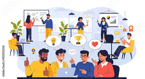 Diverse team collaborating in a modern office with laptops and brainstorming ideas