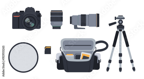 Flat lay of photography gear including camera, lenses, tripod, memory card, reflector, and camera bag on a clean white background, suitable for photography business.