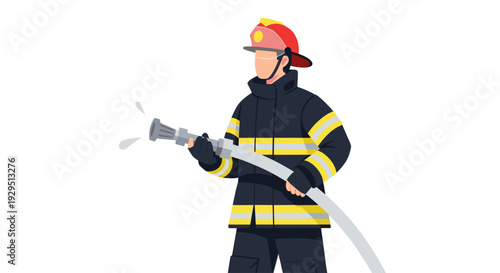 Illustration of a firefighter in uniform holding a fire hose and spraying water, isolated on a clean white background, suitable for safety campaigns and emergency service imagery.