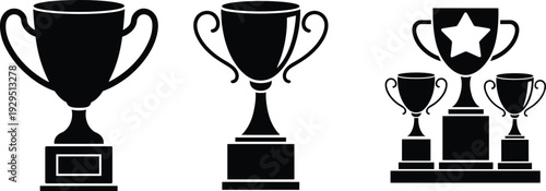 Vector set of black trophy cup icons featuring winner awards, champion silhouettes, first place prizes, gold metal trophies, and achievement symbols isolated on white background.