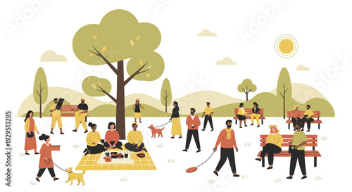 People enjoying leisure activities in a vibrant outdoor park scene with trees and pets