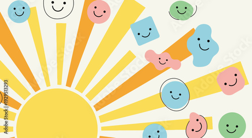 Vibrant Smiley Faces and Sunshine Illustration with Colorful Shapes and Joyful Emotions from a Bird's Eye View