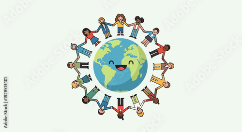 Diverse people holding hands around the Earth, symbolizing global unity and cooperation, viewed from above in a circular illustration