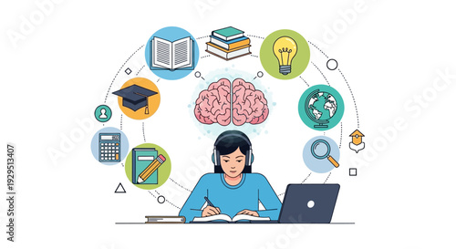 A woman studies intently surrounded by educational icons representing learning and knowledge concepts on a laptop