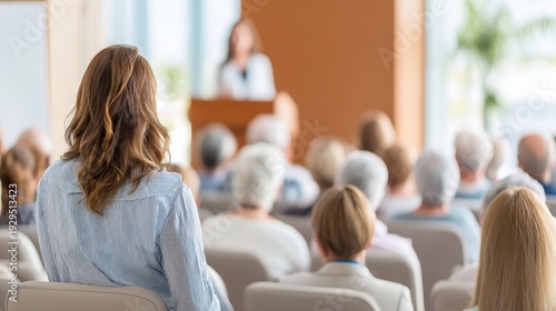 Woman standing during town hall meeting addressing officials. Community participation, civic engagement and public forum discussion in modern hall