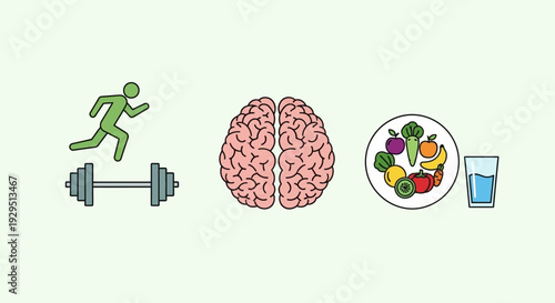 A person exercising with dumbbells, a brain, a healthy meal, and a refreshing drink