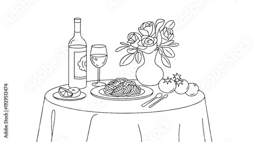 A black and white illustration of a formal dining setting with a peacock perched on a dinner table