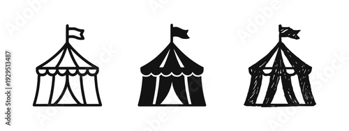 Circus Tent and Big Top Icon Set in Outline, Solid, and Hand Drawn Styles on White Background