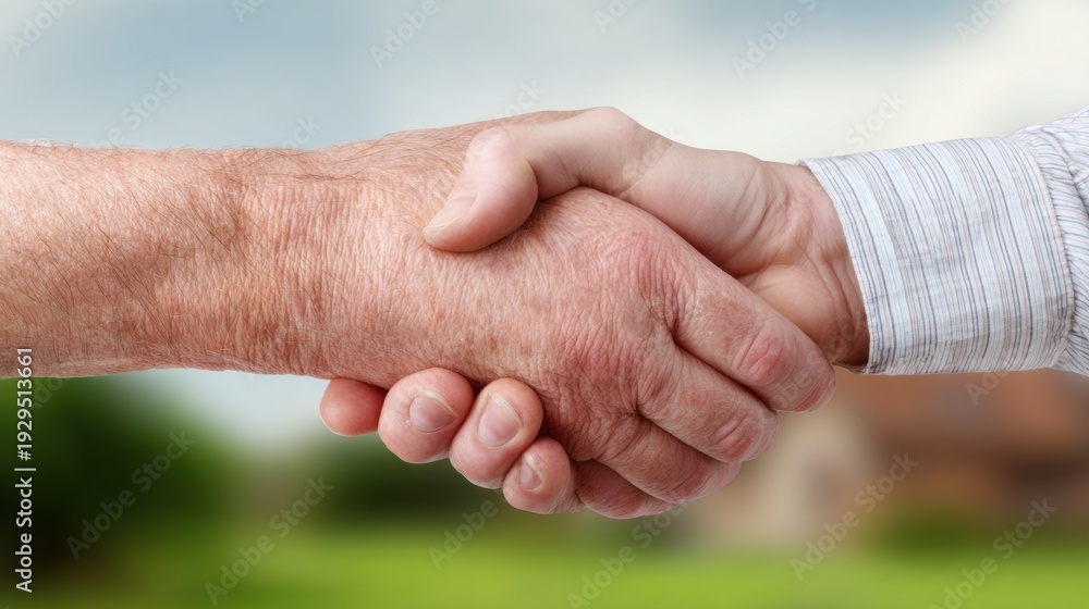 © Emilio - Senior resident and official shaking hands after town hall discussion. Community partnership and civic collaboration concept