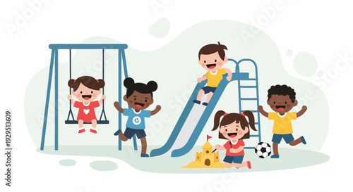 Children playing together on swings and slide at playground with friends enjoying outdoor activities and recreational fun