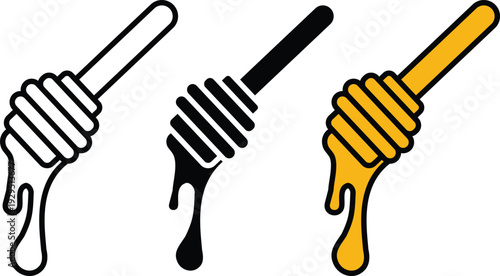 Honey dippers with dripping honey in black white and yellow