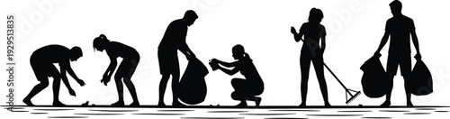 Community volunteers and diverse people silhouettes cleaning up beach and park area by picking up trash into bags for environmental conservation and eco protection