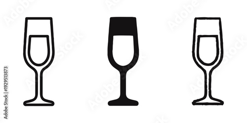 Champagne flute glass icon set in outline, solid, and hand-drawn styles, perfect for celebrations.