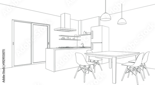 Modern minimalist kitchen interior with island dining area and sliding door contemporary