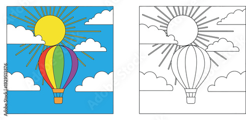 Hot air balloon flying in the sky with sun and clouds, colorful and black and white outline coloring book page for kids vector illustration.