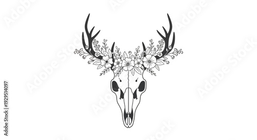Deer Skull with Antlers and Flowers Illustration.