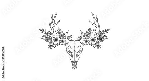 Deer Skull with Antlers and Flowers.