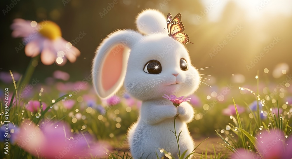 Fototapeta premium Fluffy 3D white bunny holding a small flower with a butterfly on its head. Peaceful garden and magical nature. Cute rabbit character sitting in a field of wildflowers at sunset.
