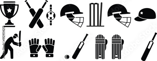 Set of Black Cricket Icons Featuring Bats Helmets Trophy Stumps Gloves and Player Silhouettes for Sports Competition Team Branding Equipment Retail and Athletic Graphic Design