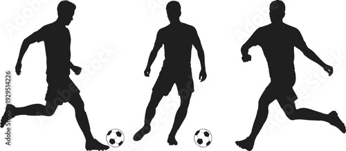 Black Silhouette Set of Soccer Players Dribbling and Running with Footballs for Sports Competition Team Fitness Training Action Lifestyle and Athletic Graphic Design Projects