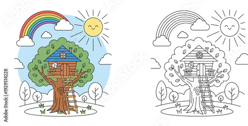 Cute Cartoon Treehouse Vector Illustration with Sun and Rainbow, Coloring Page Template for Kids