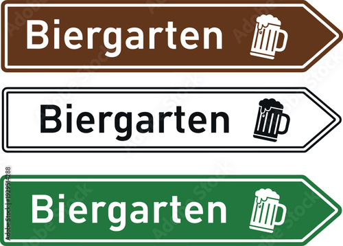 Biergarten direction sign set, arrow labels with beer mug icons isolated on white background for pub, bar, Oktoberfest, navigation design