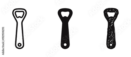 Bottle opener icon set in outline, solid, and hand-drawn styles for bar tools and kitchenware.