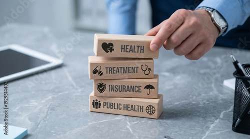 A human hand carefully stacks wooden blocks featuring crucial health treatment insurance and public health concepts on an office desk
