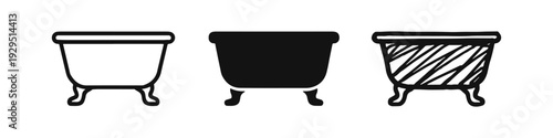 Bathtub icon set featuring outline, solid, and hand-drawn styles for bathroom design and relaxation.