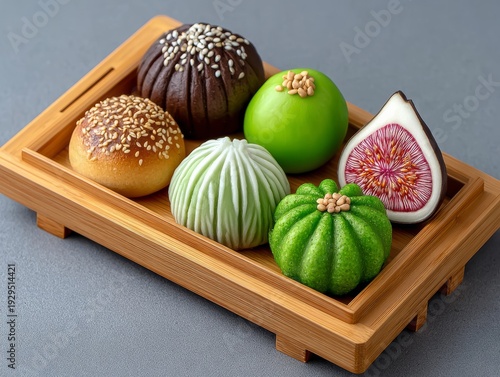 Assorted Sweet Buns And Pastries With Sesame Seeds And Green Glaze On Bamboo Tray