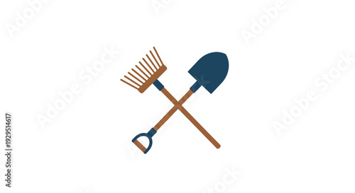 Garden tools crossed shovel and rake.