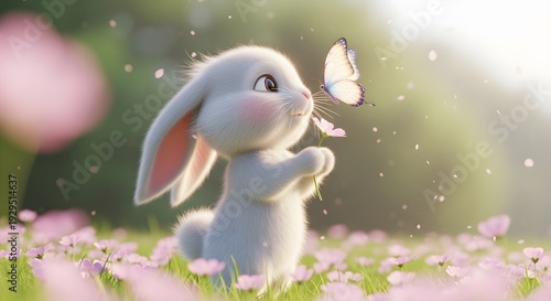 Tiny white rabbit looking at a butterfly in a pink flower field. Gentleness and innocence concept. Adorable bunny character standing in a meadow with floating petals and soft light