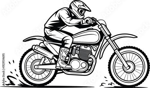 Black and White Motocross Vector Illustration of a Dirt Bike Rider Performing an Off-Road Stunt for Extreme Sports Racing and Action Lifestyle Graphic Design