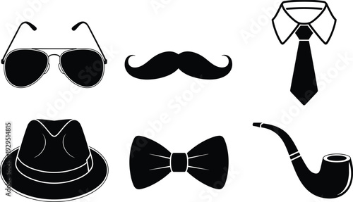 Set of Black Vintage Gentleman Icons Featuring Aviator Sunglasses Mustache Necktie Fedora Hat Bowtie and Tobacco Pipe for Father’s Day and Retro Fashion Design