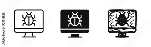 Computer virus bug icon set: outline, solid, and hand-drawn styles for cybersecurity threats.