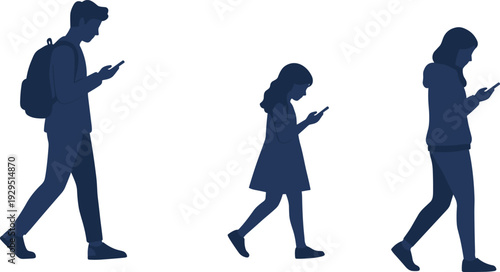 Flat vector illustration of people walking while using smartphones including a young man with a backpack, a little girl, and a woman.