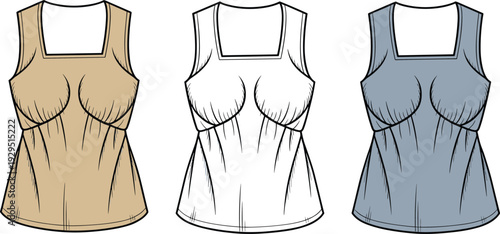 Three colored dresses with bust darts and square necklines on white background beige dress white dress