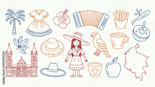 Hand-drawn illustration of cultural elements and travel icons in various line styles