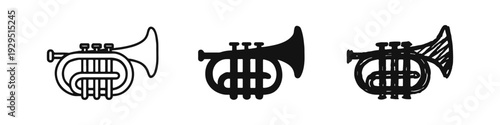 Trumpet musical instrument icon set: Outline, solid glyph, and hand-drawn doodle style illustration.