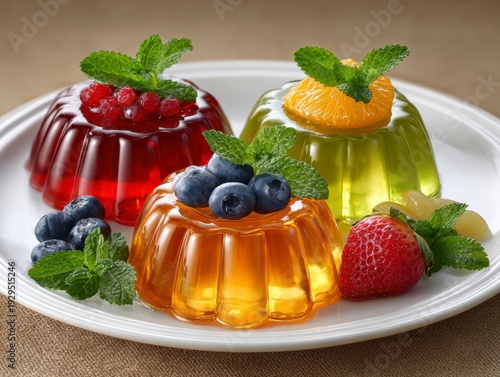 Assorted Fruit Flavored Gelatin Desserts with Fresh Berries and Mint Garnish on White Plate
