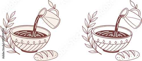 Minimalist Flat Vector Icon of Rustic Bowl with Water and Bread in Dusty Rose and Beige