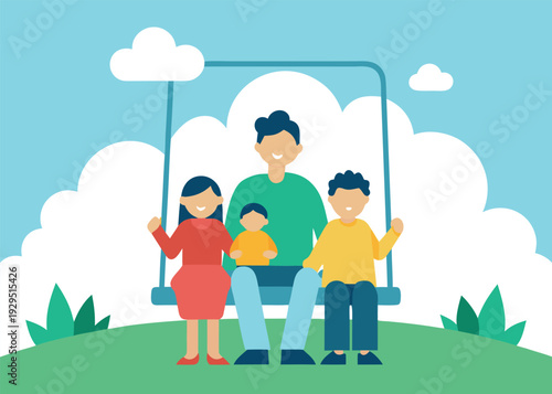 Loving father sitting on a swing with his three young children, two boys and a girl, on a grassy hill under white clouds.