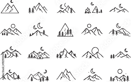 Black and white mountain landscape with trees and moon phases mountains crescent moon full moon