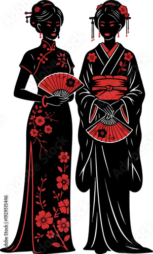 Classic Oriental Women Silhouette with Red Accent