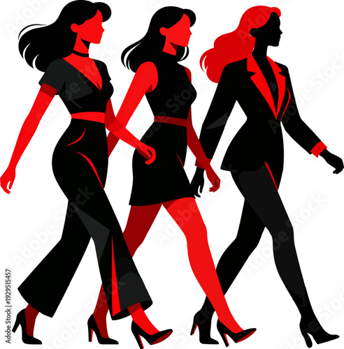 Stylish Female Trio Black and Red Vector Art