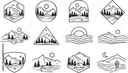 Twelve black and white line of mountains lakes and camping scenes with different shapes and symbols