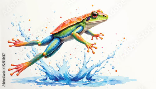 A colorful frog jumping in water.
